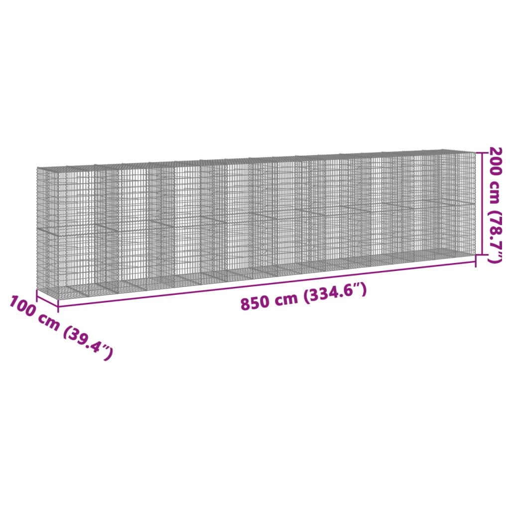 vidaXL Gabionový koš s víkem 850 x 100 x 200 cm pozinkované železo