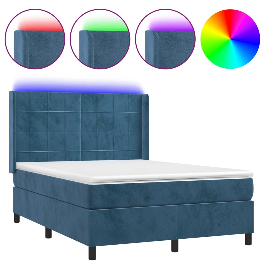 vidaXL Box spring postel s matrací a LED tmavě modrá 140x190 cm samet