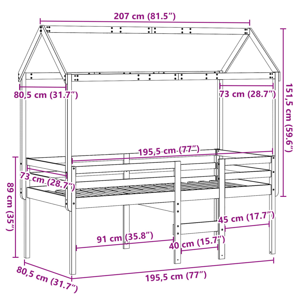 vidaXL Patrová postel se střechou voskově hnědá 75 x 190 cm borovice