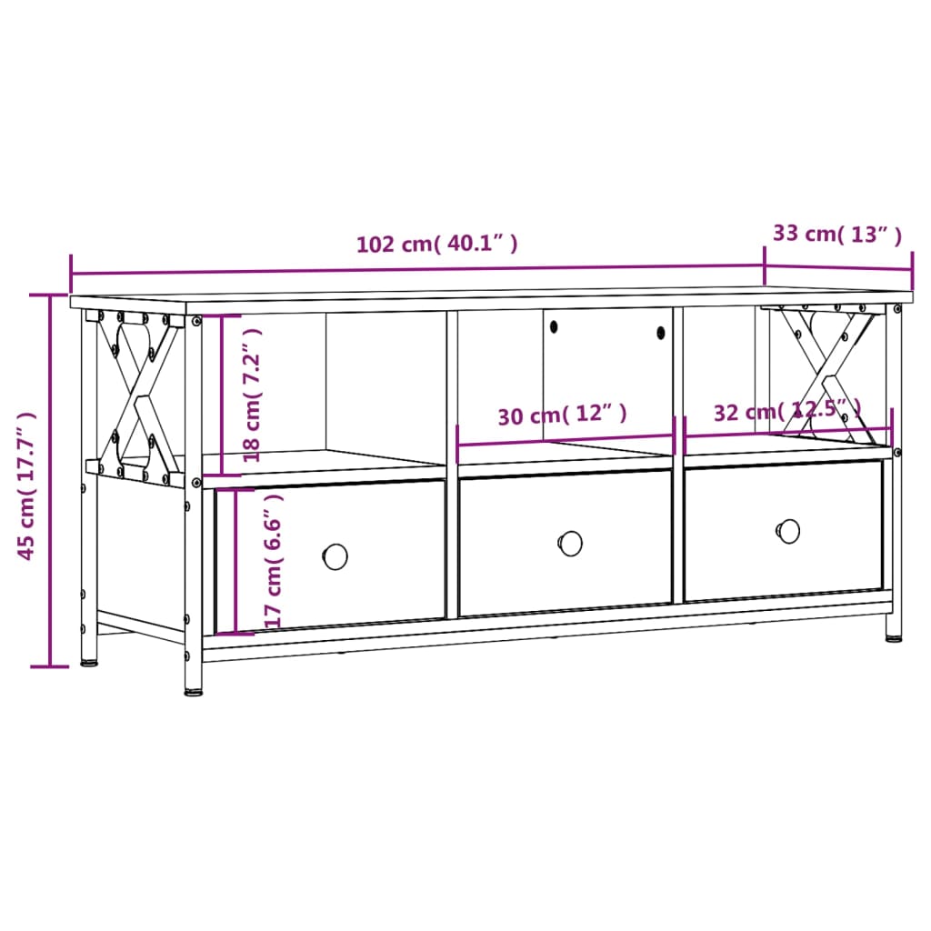 vidaXL TV skříňka hnědý dub 102 x 33 x 45 cm kompozitní dřevo a železo