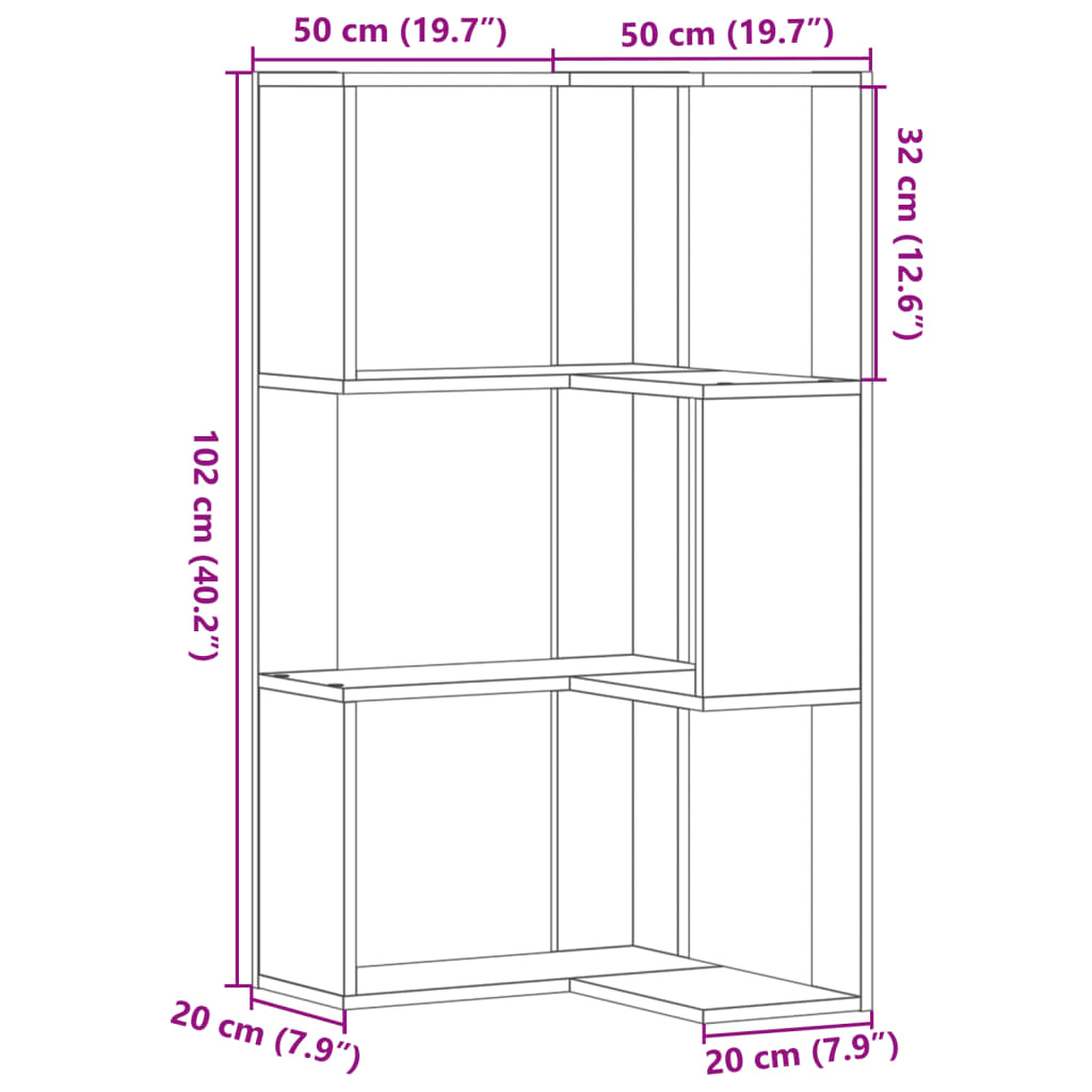 vidaXL Rohová 3patrová knihovna bílá 50 x 50 x 102 cm kompozitní dřevo