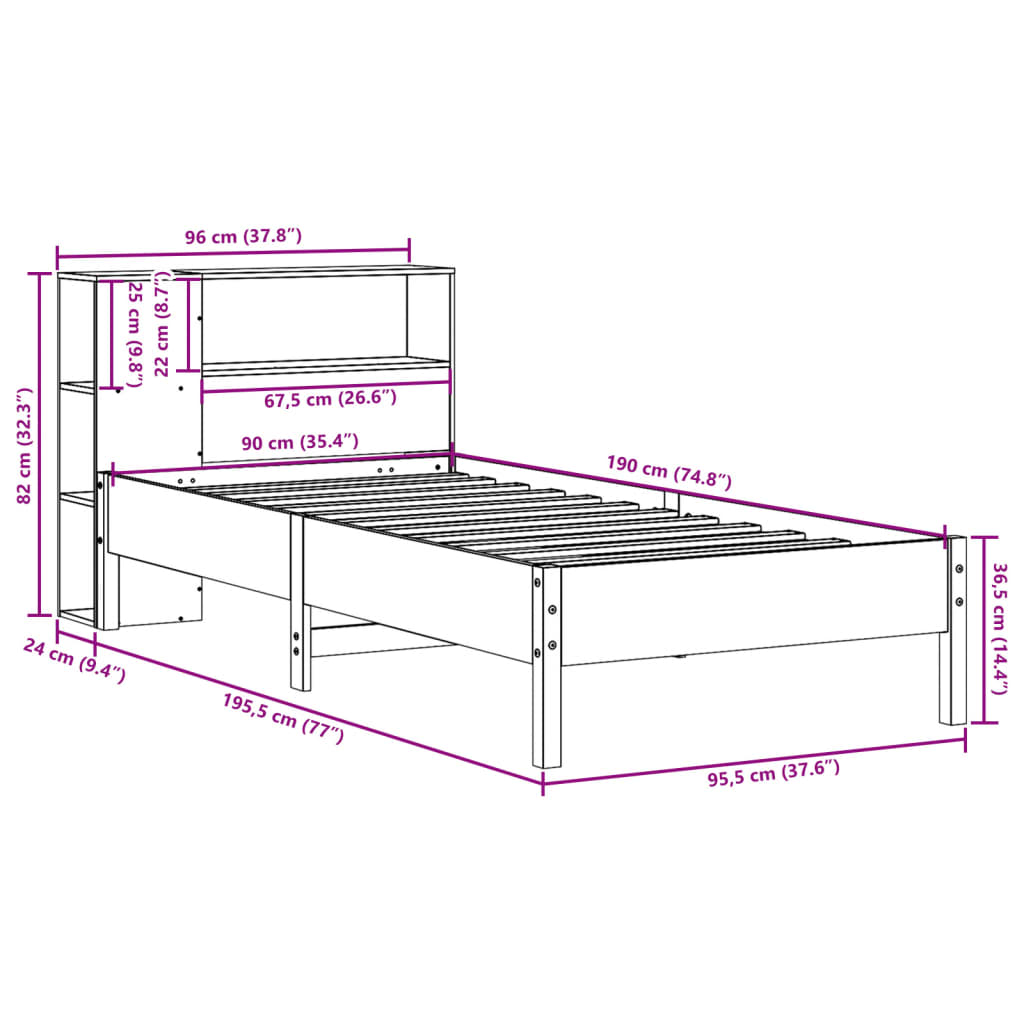 vidaXL Postel s knihovnou bez matrace 90 x 190 cm masivní borovice