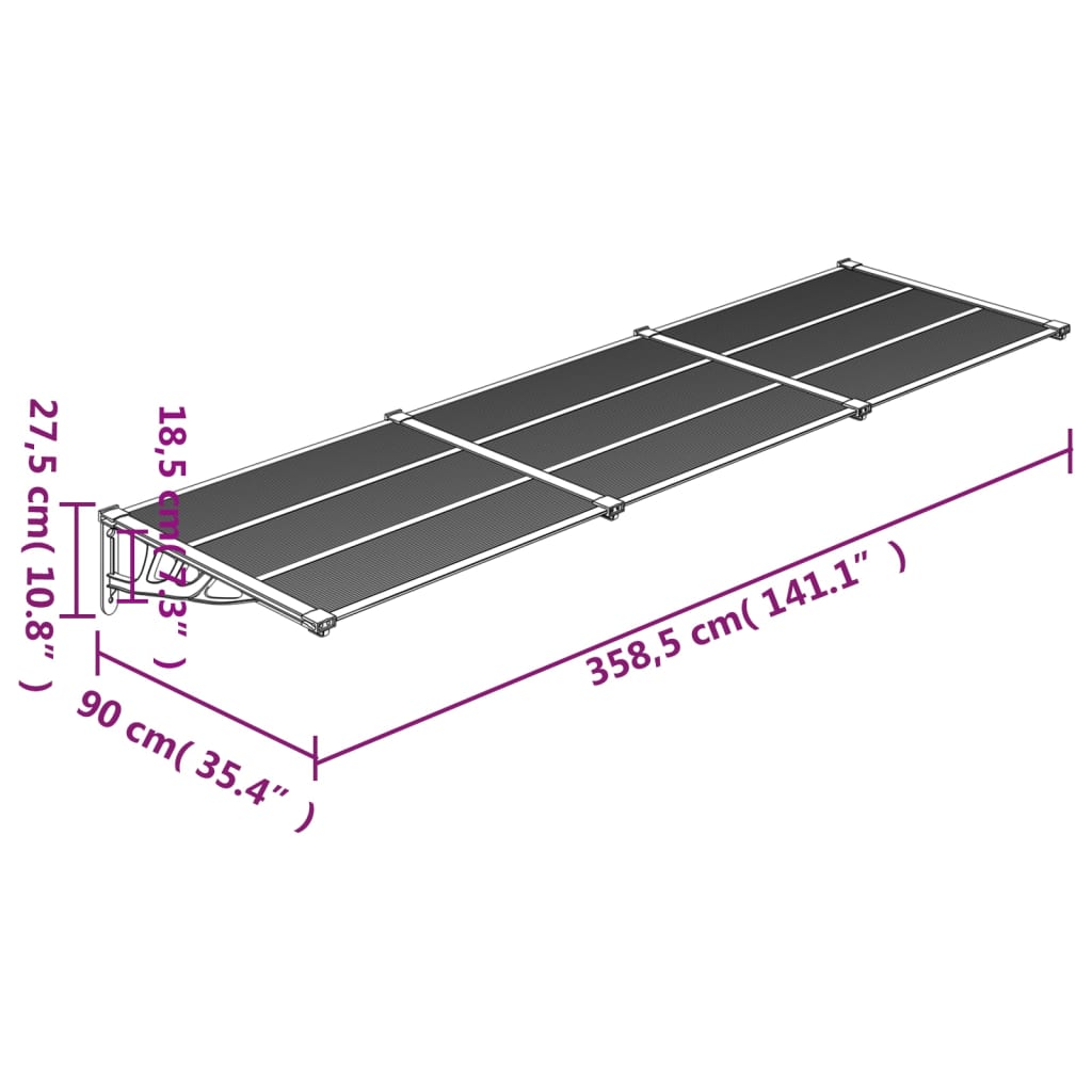 vidaXL Vchodová stříška černá a průhledná 358,5 x 90 cm polykarbonát