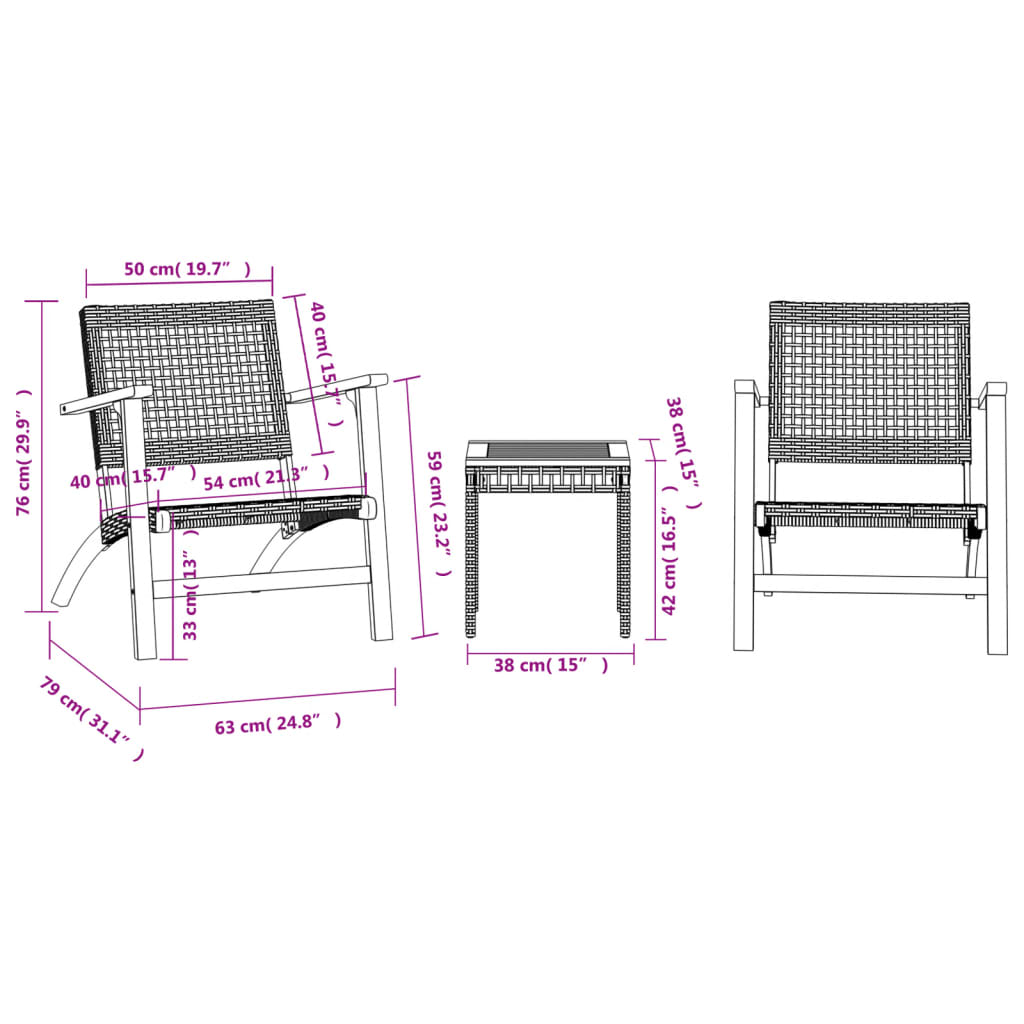 vidaXL 3dílný bistro set černý polyratan a masivní akáciové dřevo