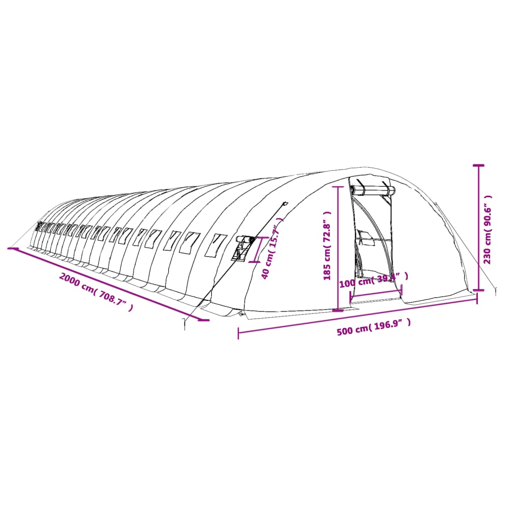 vidaXL Skleník s ocelovým rámem zelený 100 m² 20 x 5 x 2,3 m