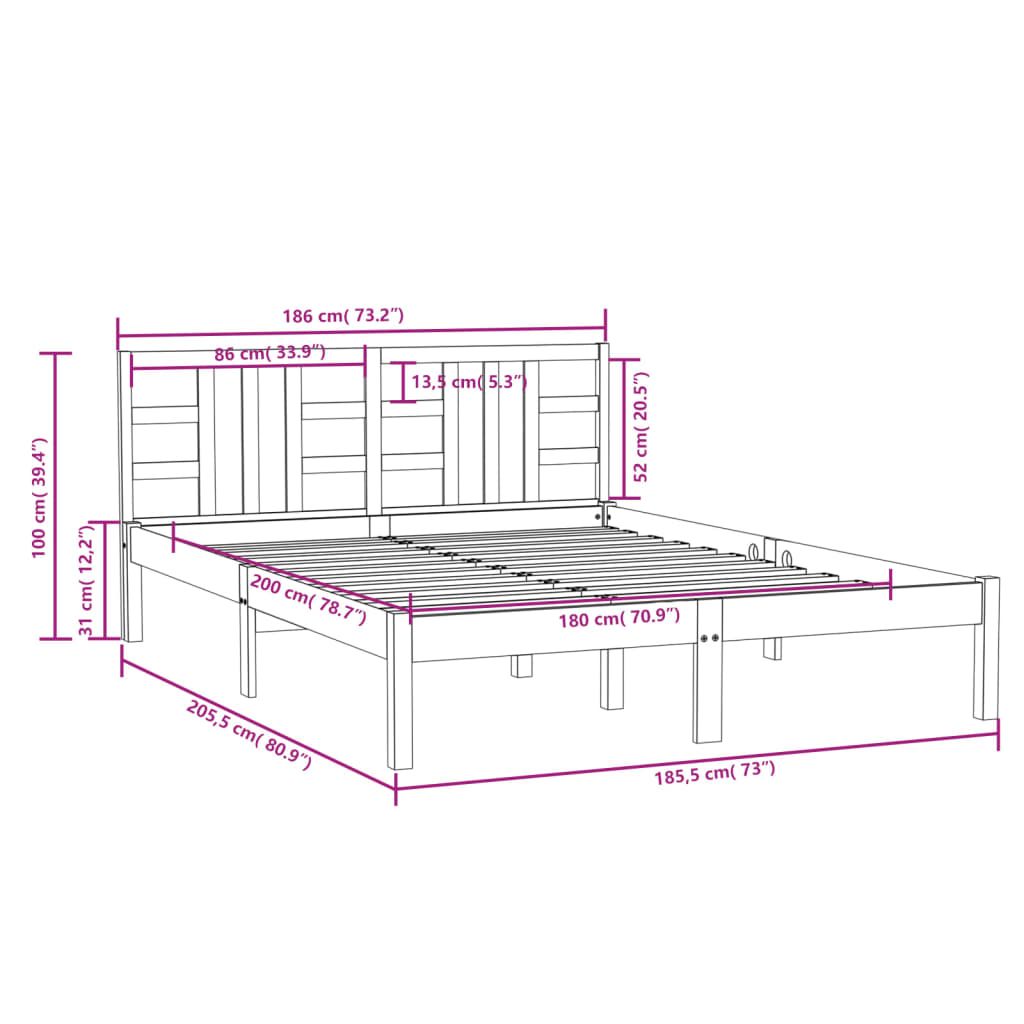 vidaXL Rám postele bílý masivní dřevo 180 x 200 cm Super King