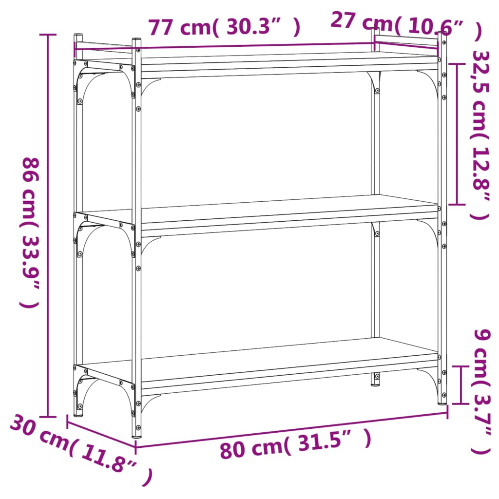 vidaXL Knihovna se 3 policemi hnědý dub 80x30x86 cm kompozitní dřevo