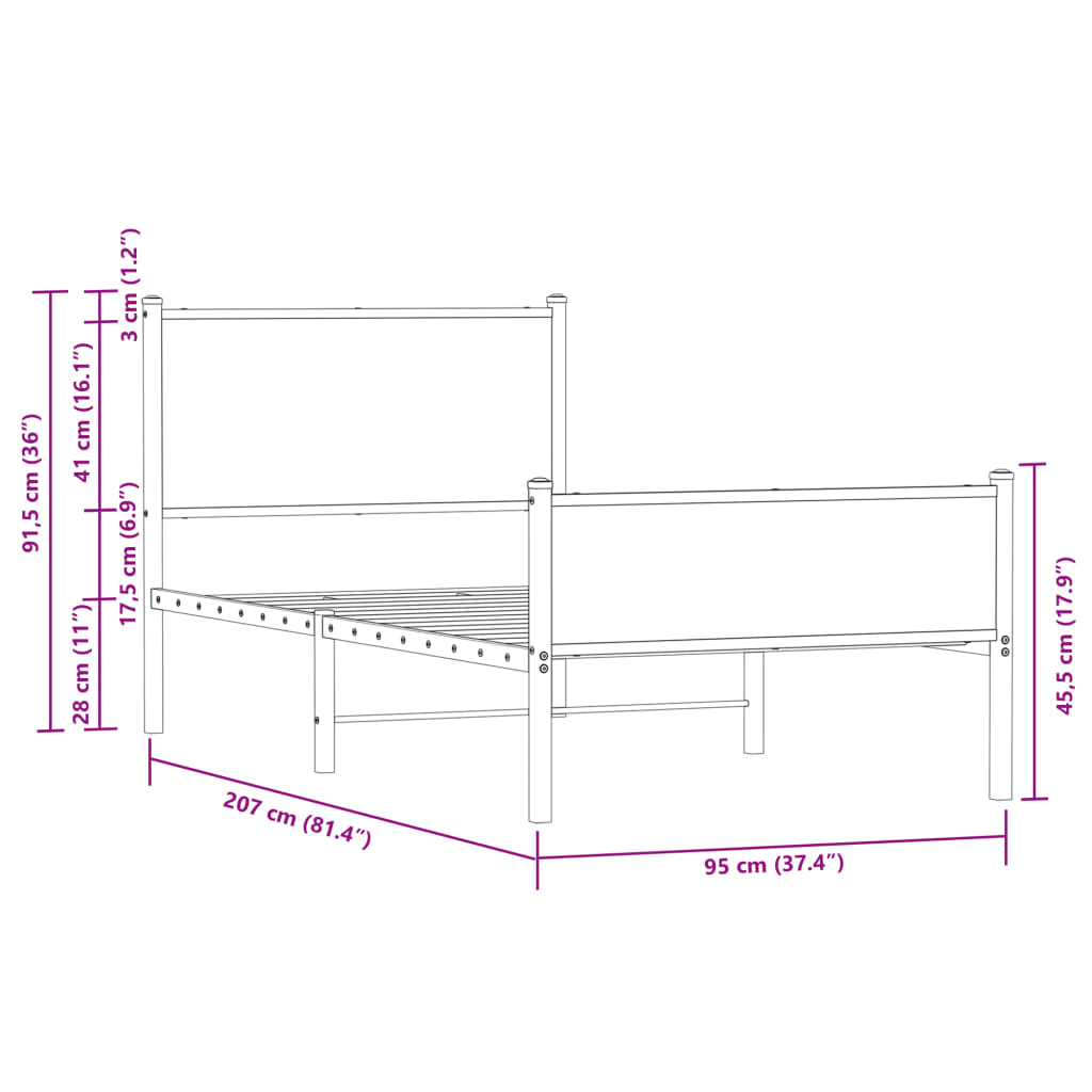 vidaXL Kovový rám postele bez matrace kouřový dub 90 x 200 cm