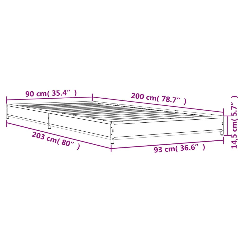 vidaXL Rám postele dub sonoma 90 x 200 cm kompozitní dřevo a kov