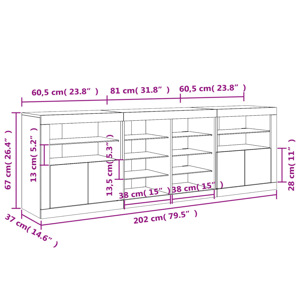 vidaXL Příborník s LED osvětlením bílý 202 x 37 x 67 cm