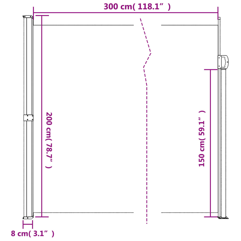 vidaXL Zatahovací boční markýza černá 200 x 300 cm