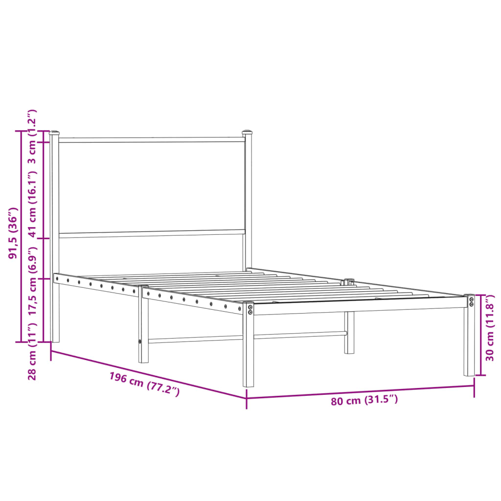 vidaXL Kovový rám postele bez matrace kouřový dub 75 x 190 cm