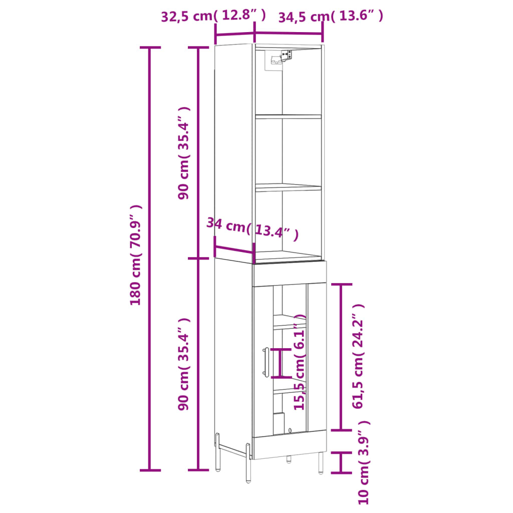 vidaXL Skříň highboard bílá s vysokým leskem 34,5x34x180 cm kompozit