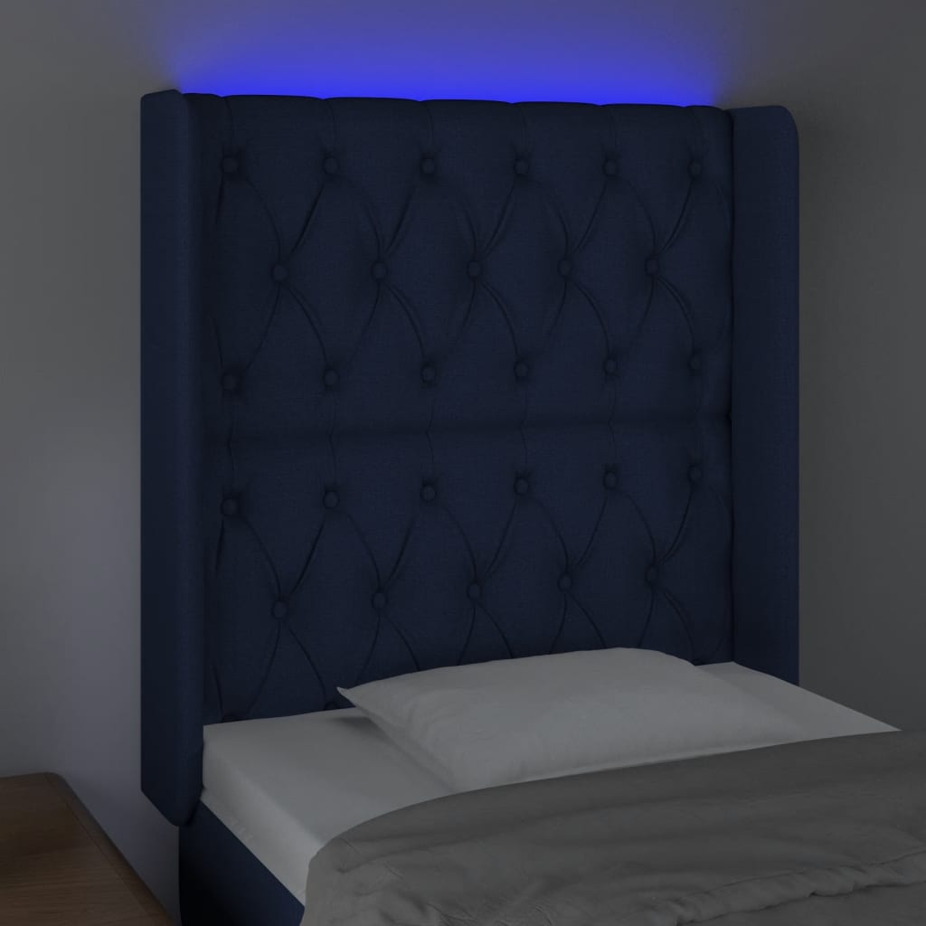 vidaXL Čelo postele s LED modré 83 x 16 x 118/128 cm textil