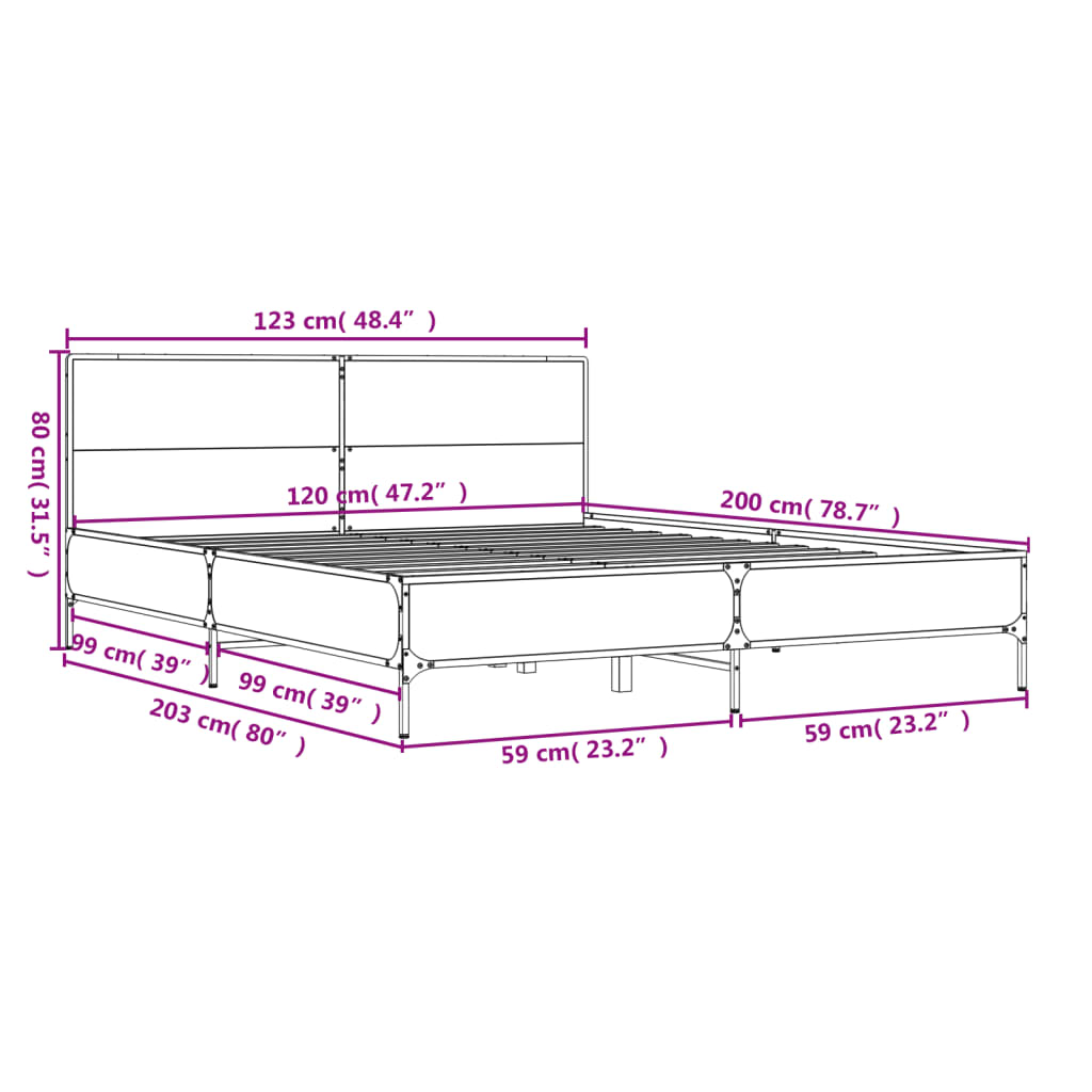 vidaXL Rám postele hnědý dub 120 x 200 cm kompozitní dřevo a kov