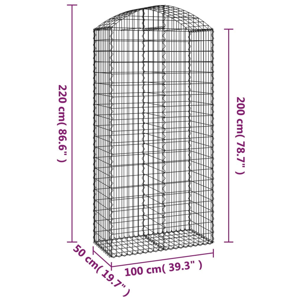 vidaXL Klenutý gabionový koš 100 x 50 x 200/220 cm pozinkované železo