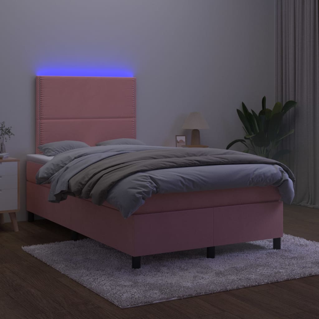 vidaXL Box spring postel s matrací a LED růžová 120x200 cm samet