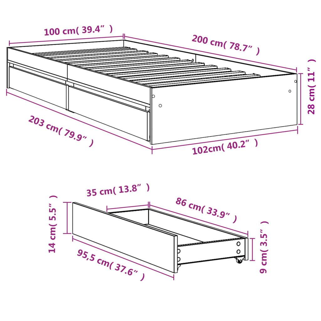 vidaXL Rám postele se zásuvkami šedý sonoma 100 x 200 cm kompozit