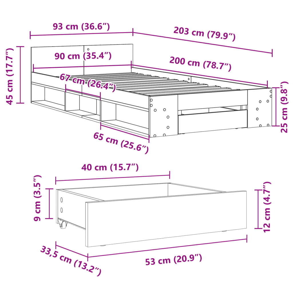 vidaXL Rám postele se zásuvkou dub sonoma 90 x 200 cm kompozitní dřevo