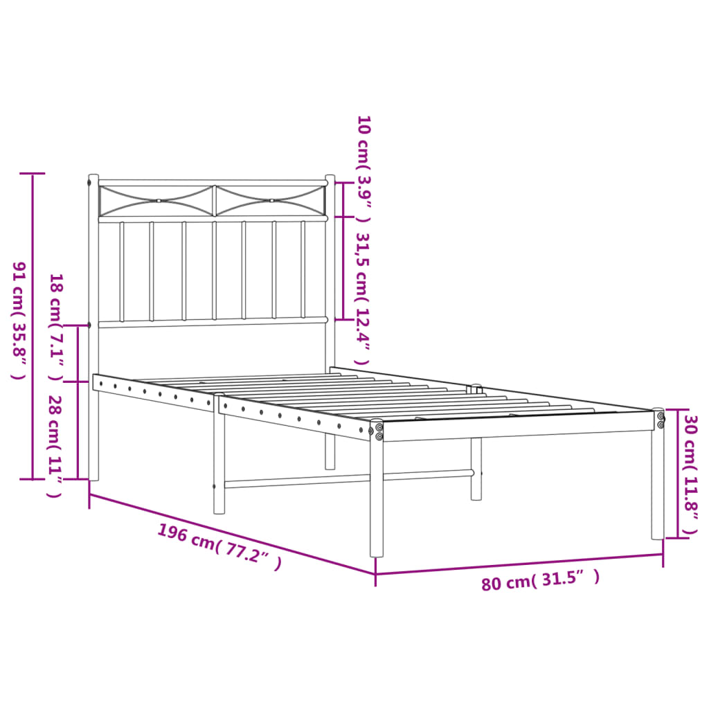 vidaXL Kovový rám postele bez matrace s čelem bílý 75 x 190 cm