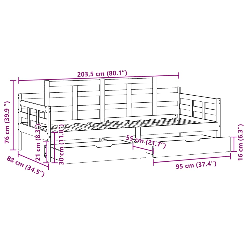 vidaXL Válenda se zásuvkami bílá 80 x 200 cm masivní borovice