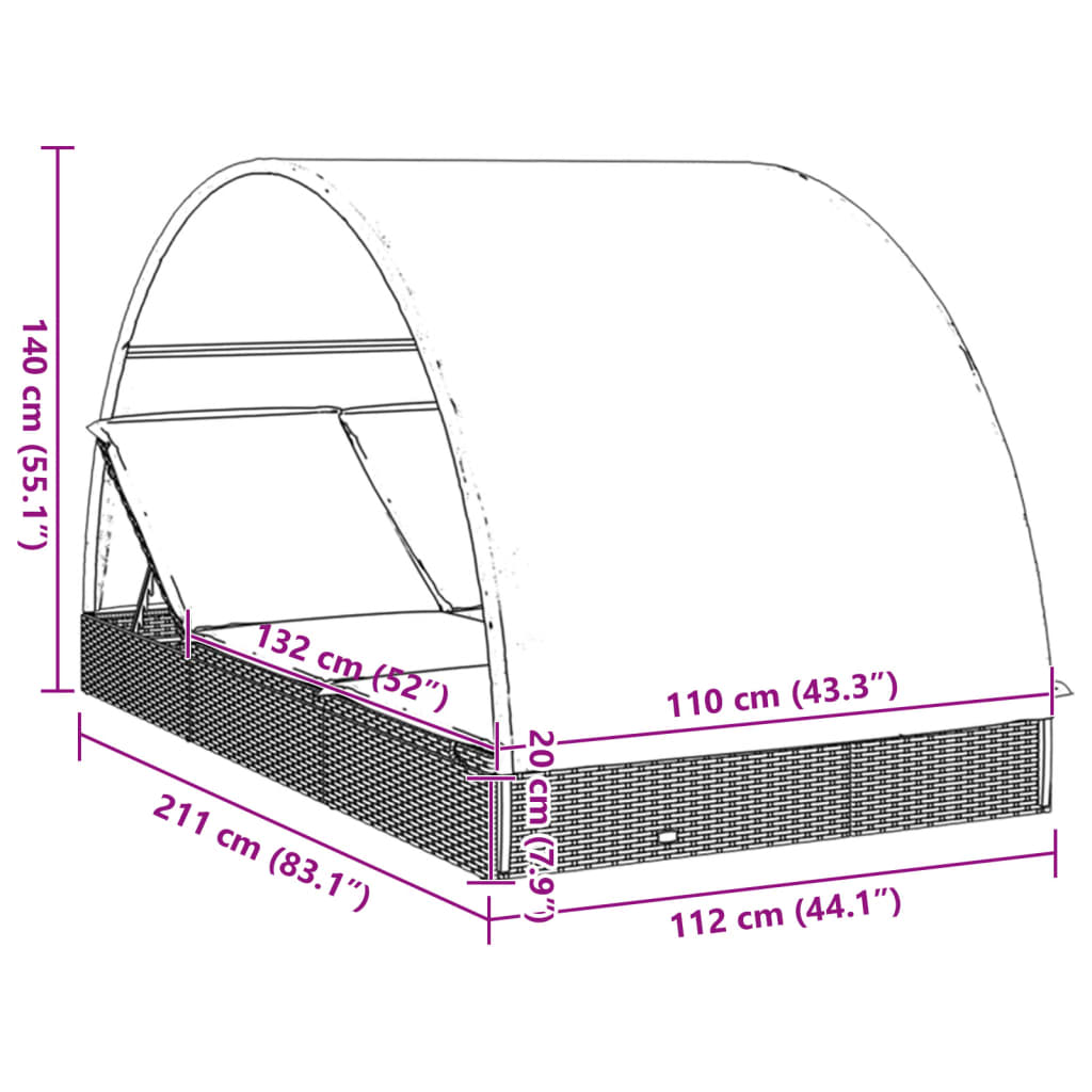 vidaXL Lehátko s kulatou střechou pro 2 hnědé 211x112x140 cm polyratan