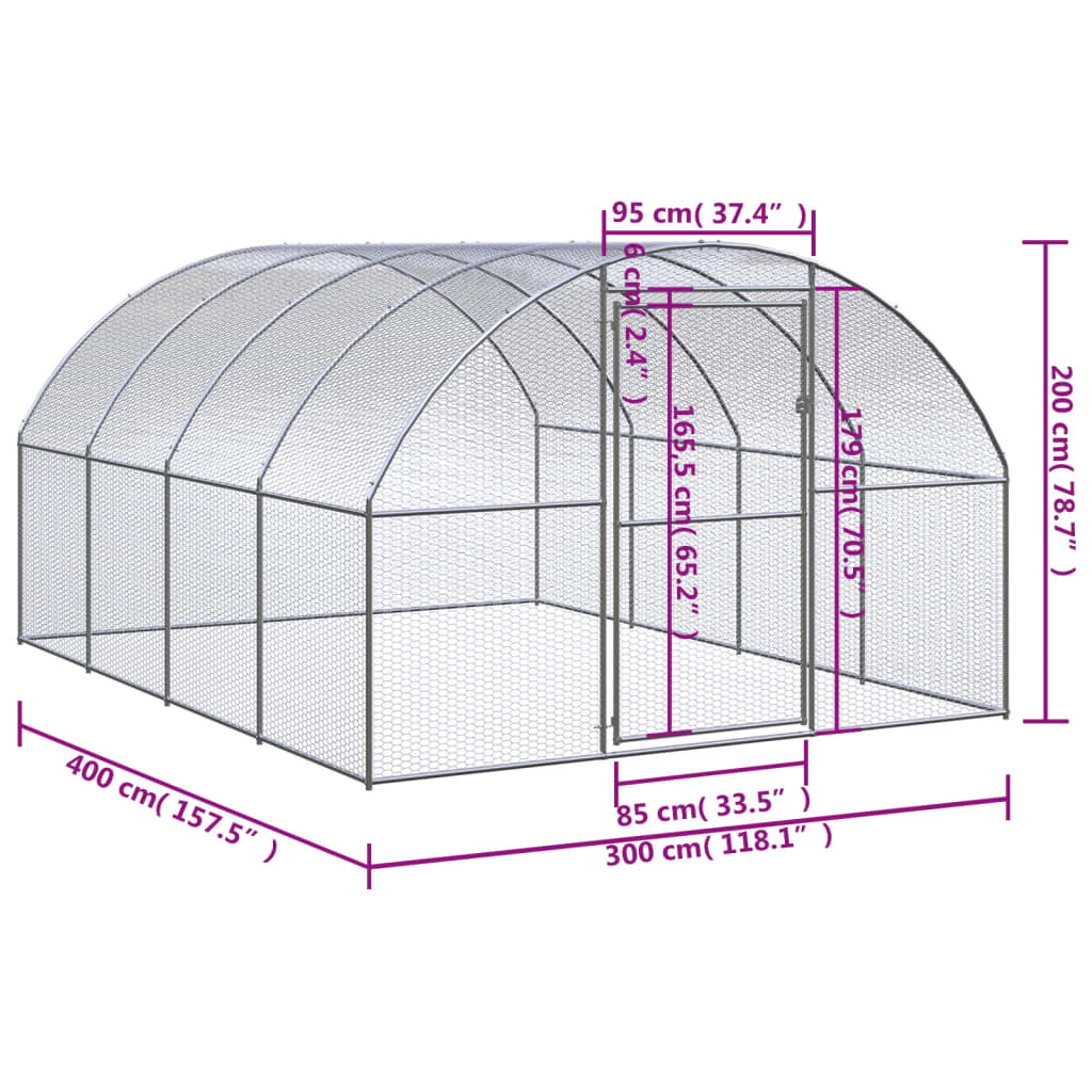 vidaXL Venkovní klec pro kuřata 3 x 4 x 2 m pozinkovaná ocel