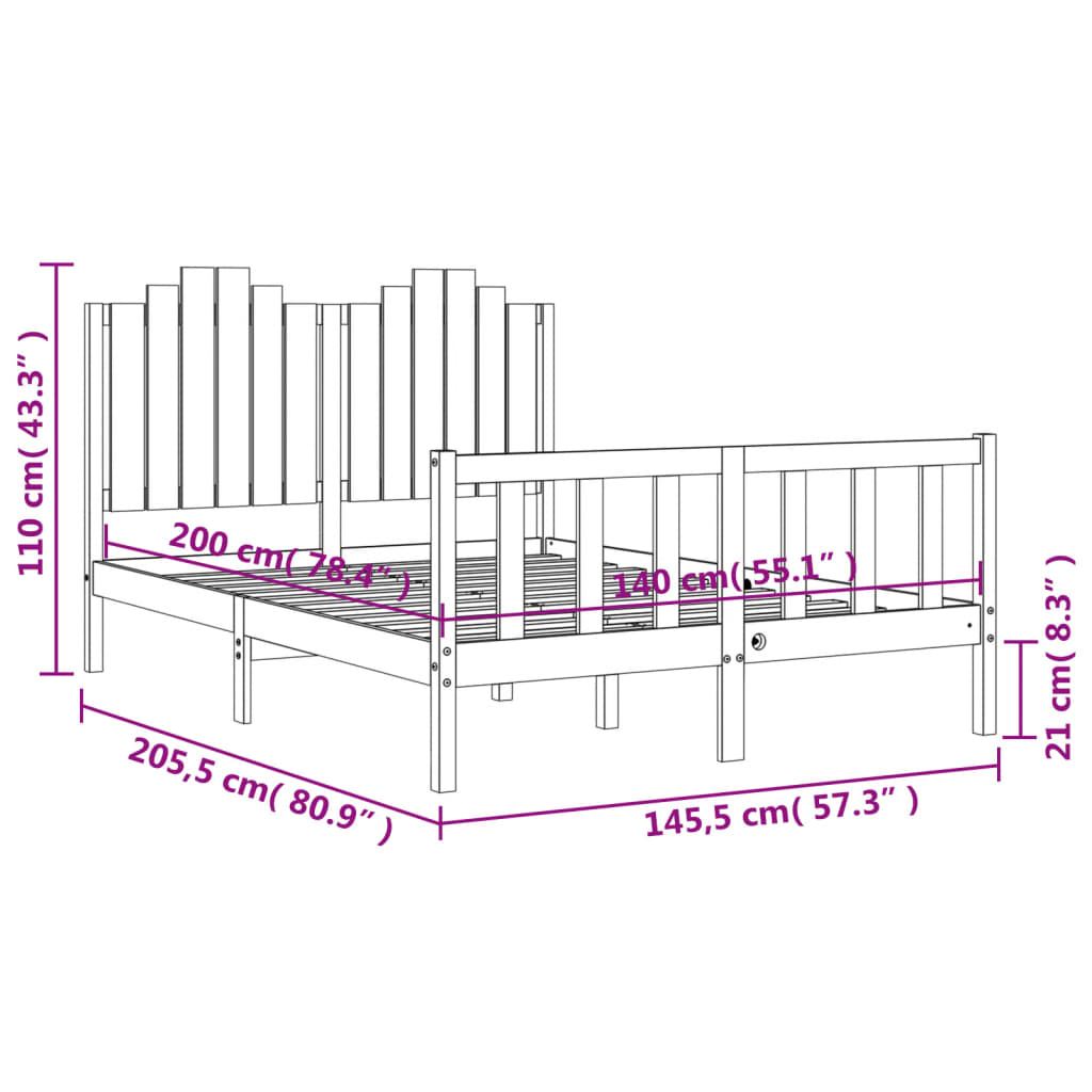 vidaXL Rám postele s čelem černý 140 x 200 cm masivní dřevo