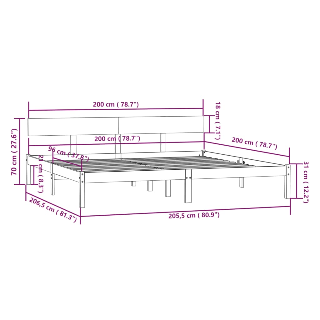 vidaXL Rám postele bez matrace masivní dřevo 200 x 200 cm