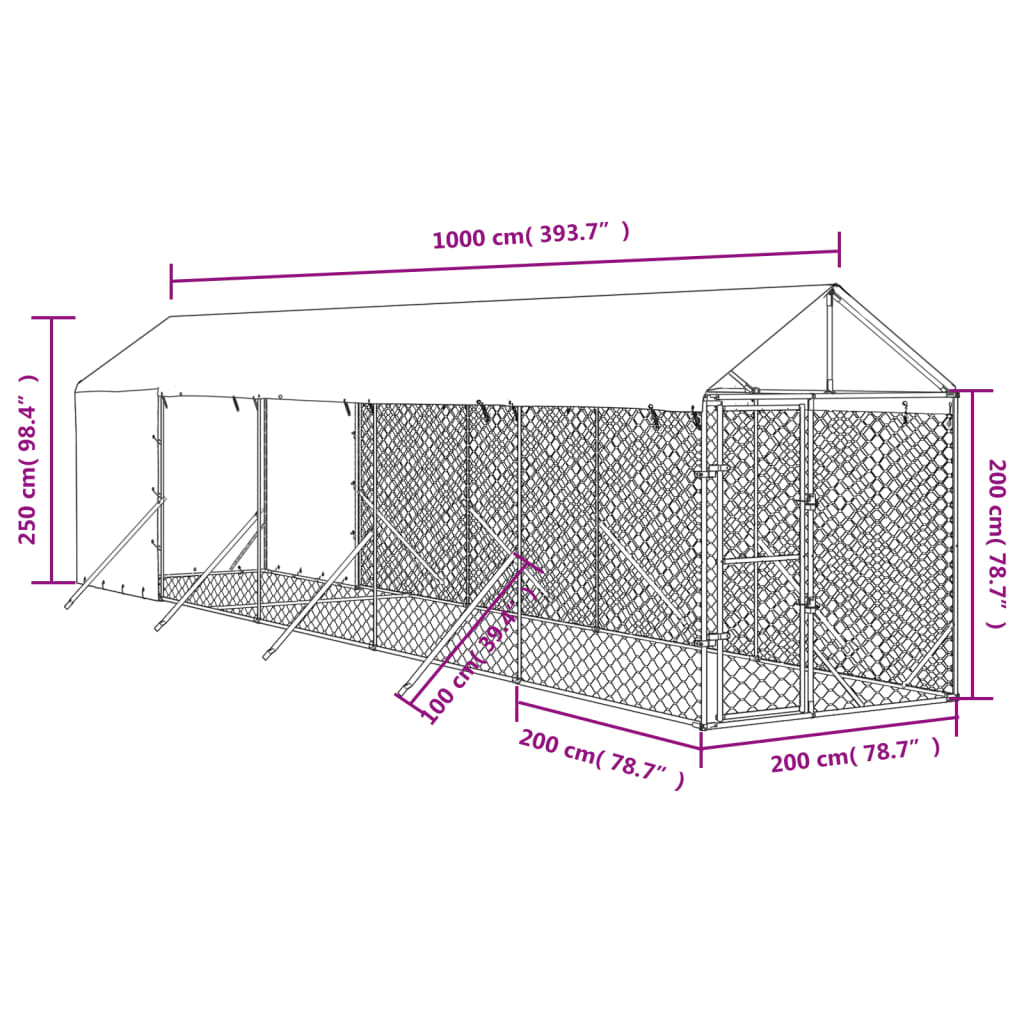 vidaXL Venkovní psí kotec se střechou stříbrný 2 x 10 x 2,5 m ocel