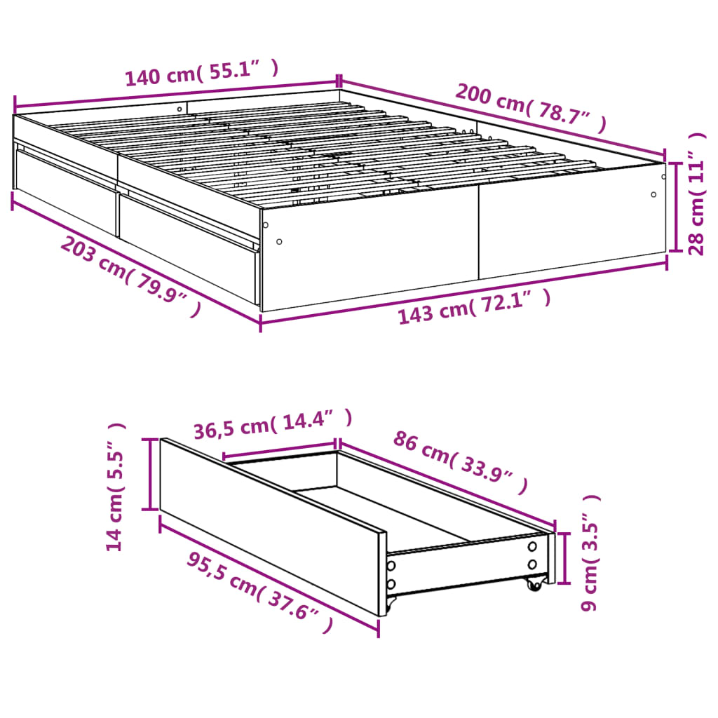 vidaXL Rám postele se zásuvkami kouřový dub 140 x 200 cm kompozit