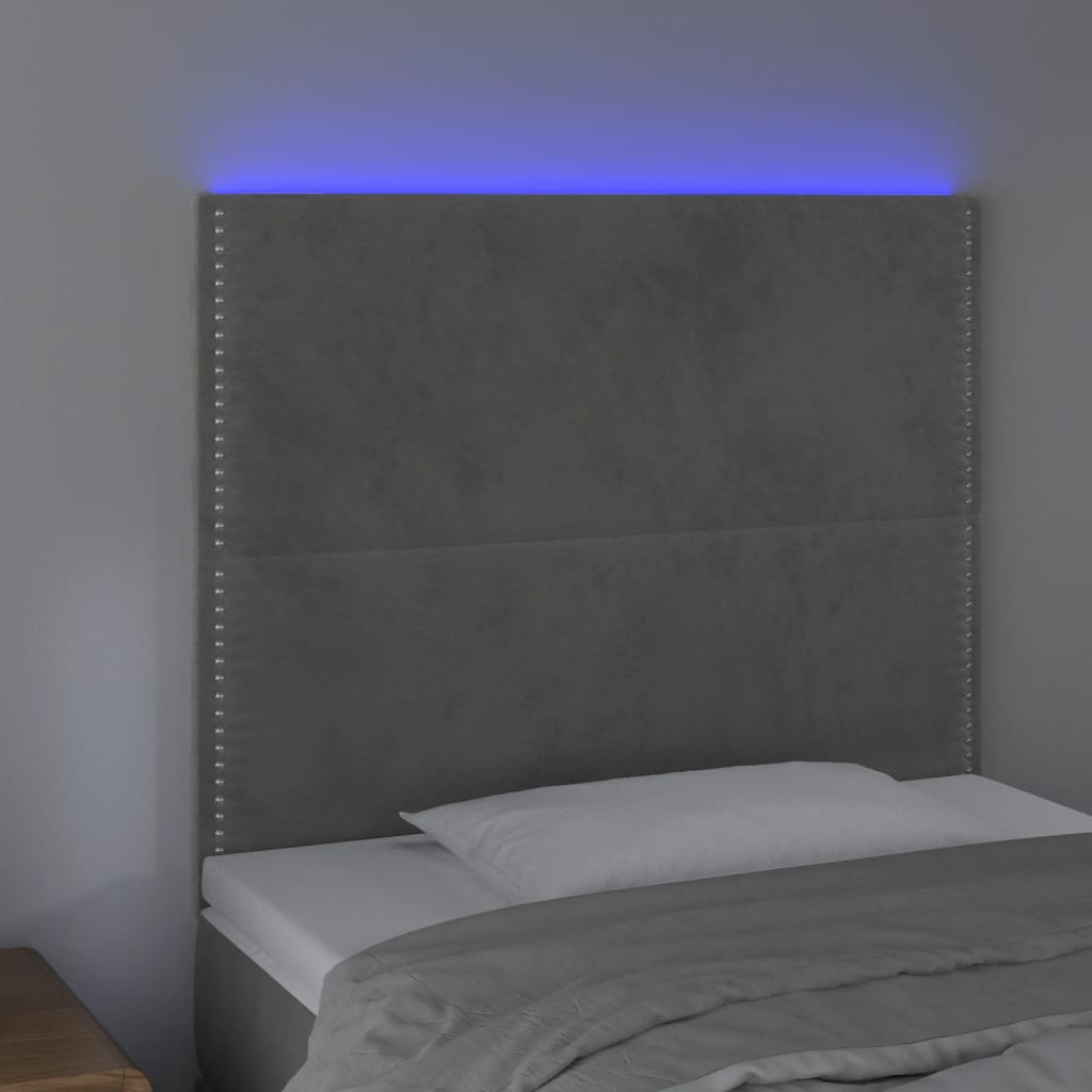 vidaXL Čelo postele s LED světle šedé 80x5x118/128 cm samet