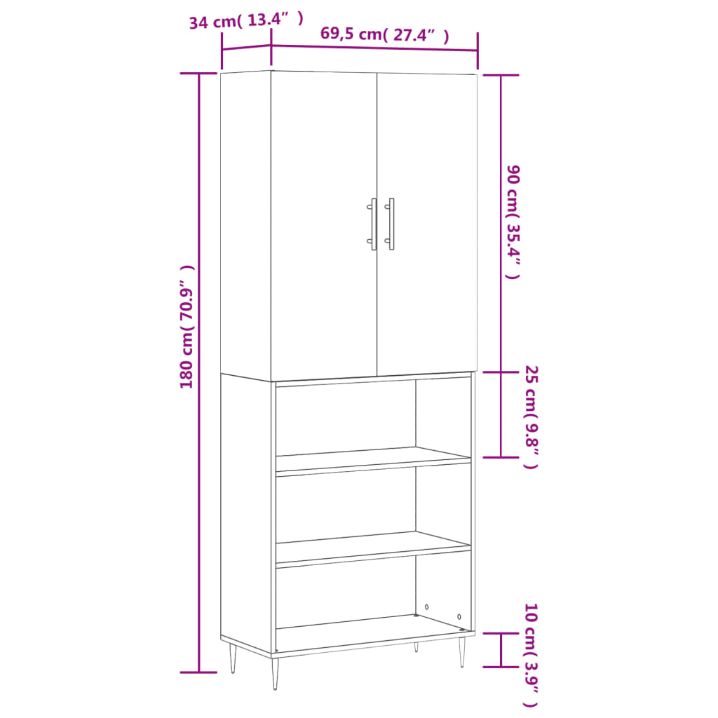 vidaXL Skříň highboard bílá 69,5 x 34 x 180 cm kompozitní dřevo