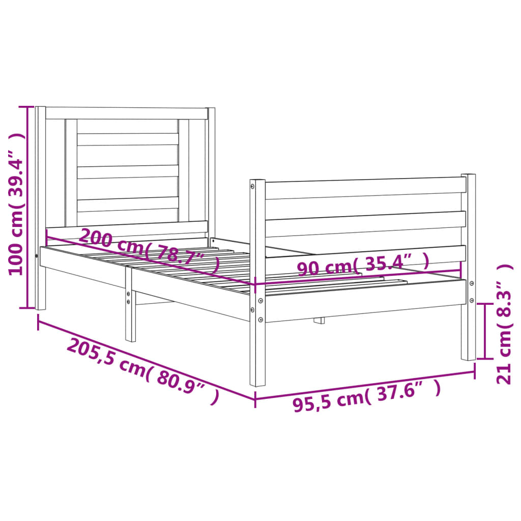 vidaXL Rám postele s čelem bílý 90 x 200 cm masivní dřevo