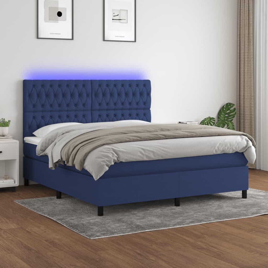 vidaXL Box spring postel s matrací a LED modrá 180x200 cm textil