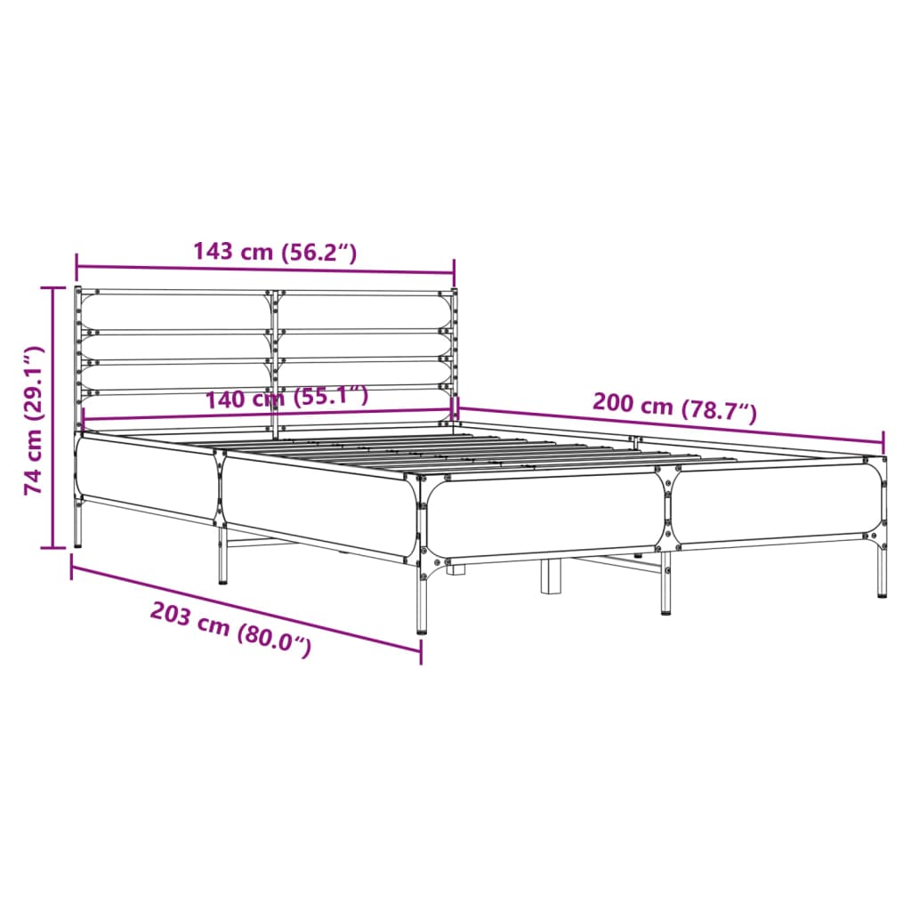 vidaXL Rám postele kouřový dub 140 x 200 cm kompozitní dřevo a kov