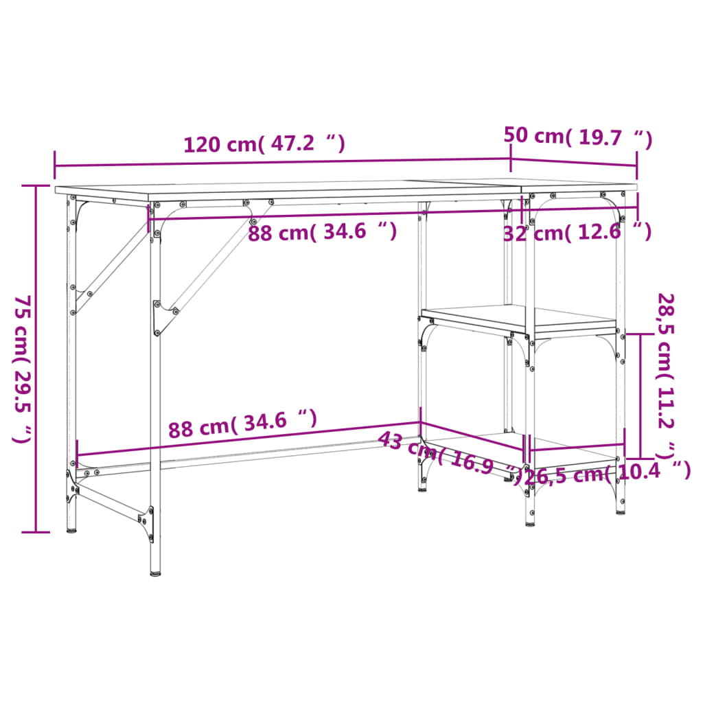 vidaXL Psací stůl hnědý dub 120 x 50 x 75 cm kov a kompozitní dřevo