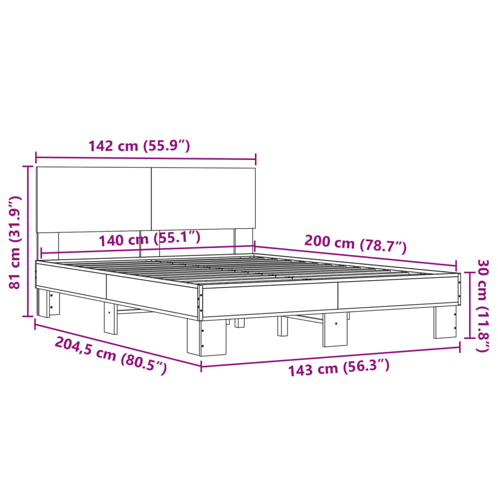 vidaXL Rám postele hnědý dub 140 x 200 cm kompozitní dřevo a kov