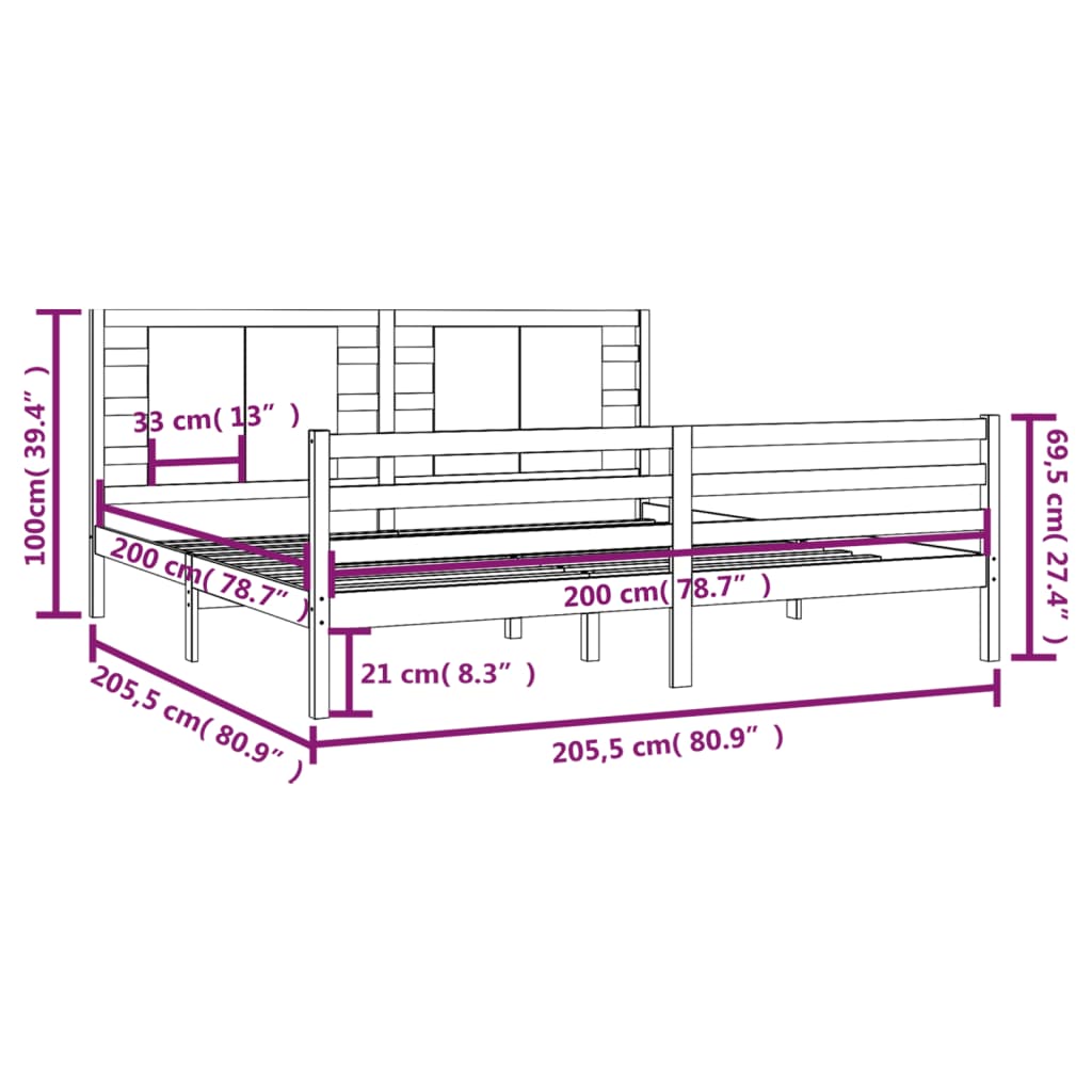 vidaXL Rám postele černý masivní borovice 200 x 200 cm