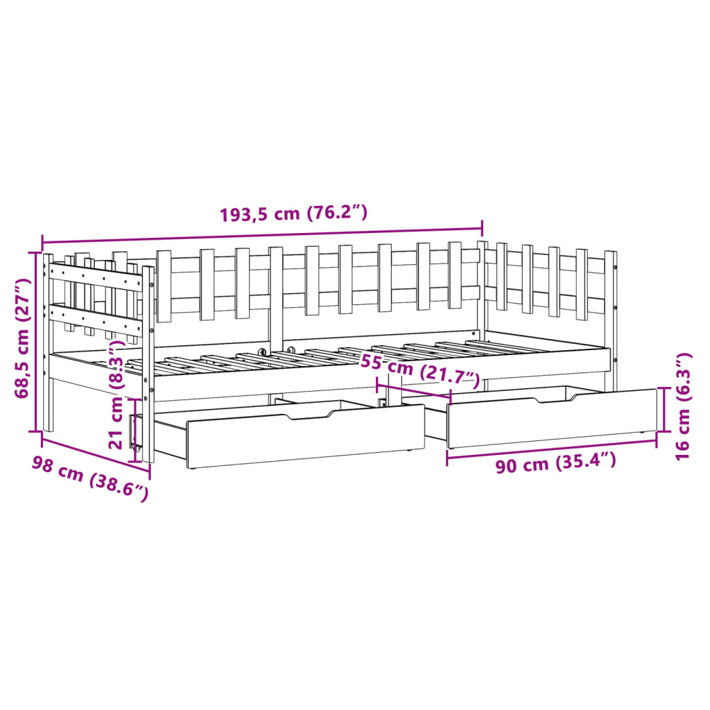 vidaXL Válenda se zásuvkami bílá 90 x 190 cm masivní borovice