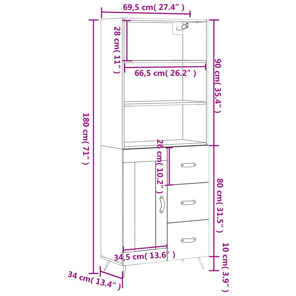 vidaXL Skříň highboard bílá 69,5 x 34 x 180 cm kompozitní dřevo