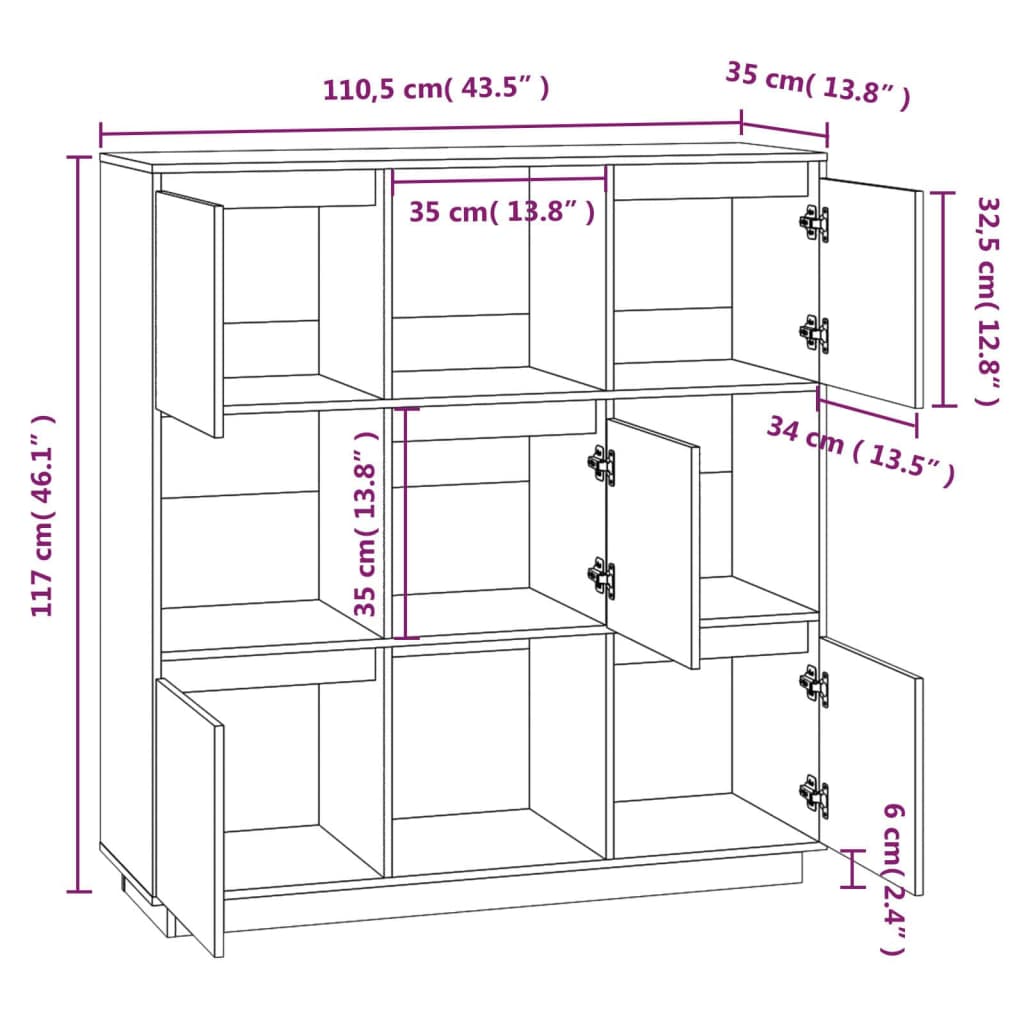 vidaXL Komoda bílá 110,5 x 35 x 117 cm masivní borové dřevo