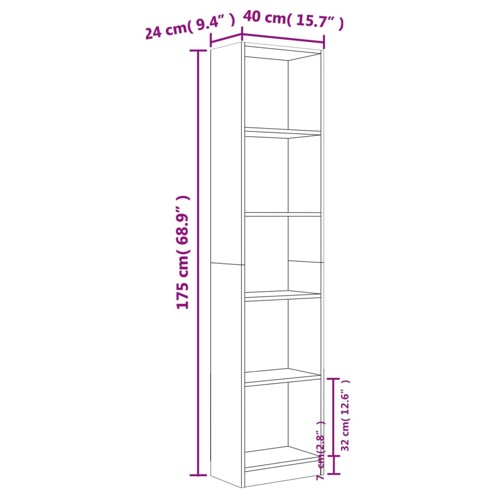 vidaXL 5patrová knihovna šedá sonoma 40 x 24 x 175 cm kompozitní dřevo