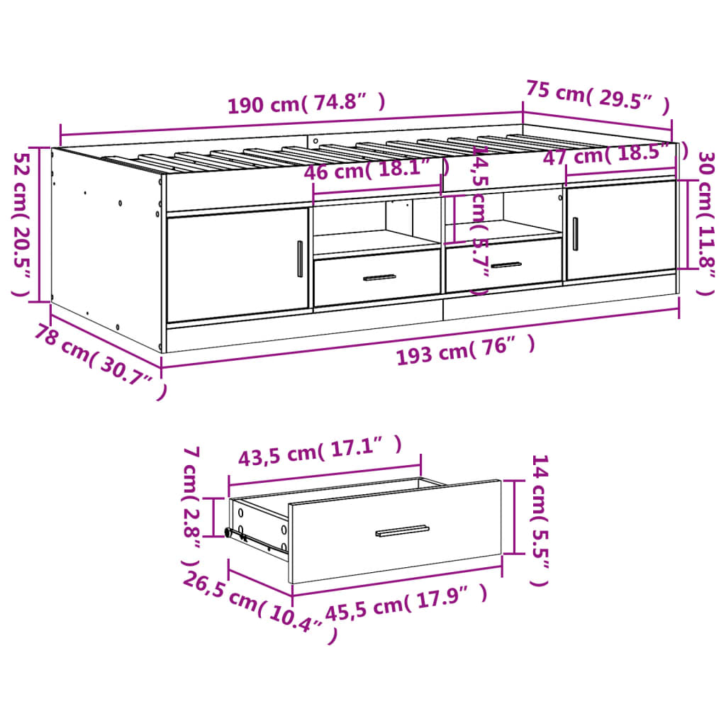 vidaXL Válenda se zásuvkami bez matrace dub sonoma 75 x 190 cm