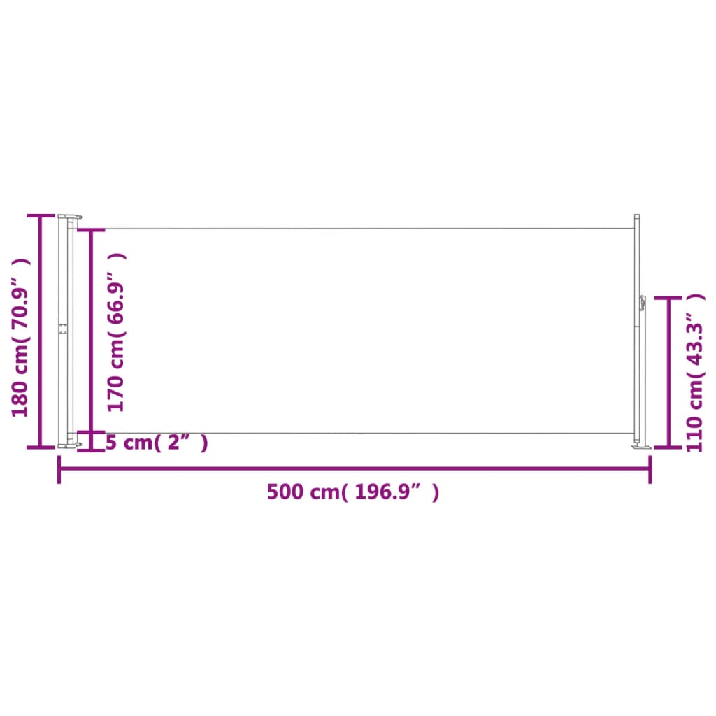 vidaXL Zatahovací boční markýza 180 x 500 cm hnědá