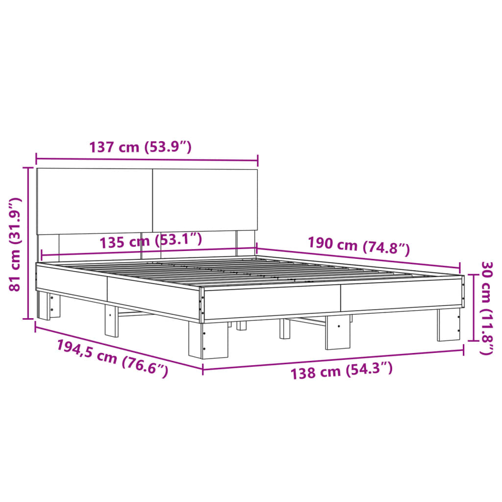 vidaXL Rám postele dub sonoma 135 x 190 cm kompozitní dřevo a kov