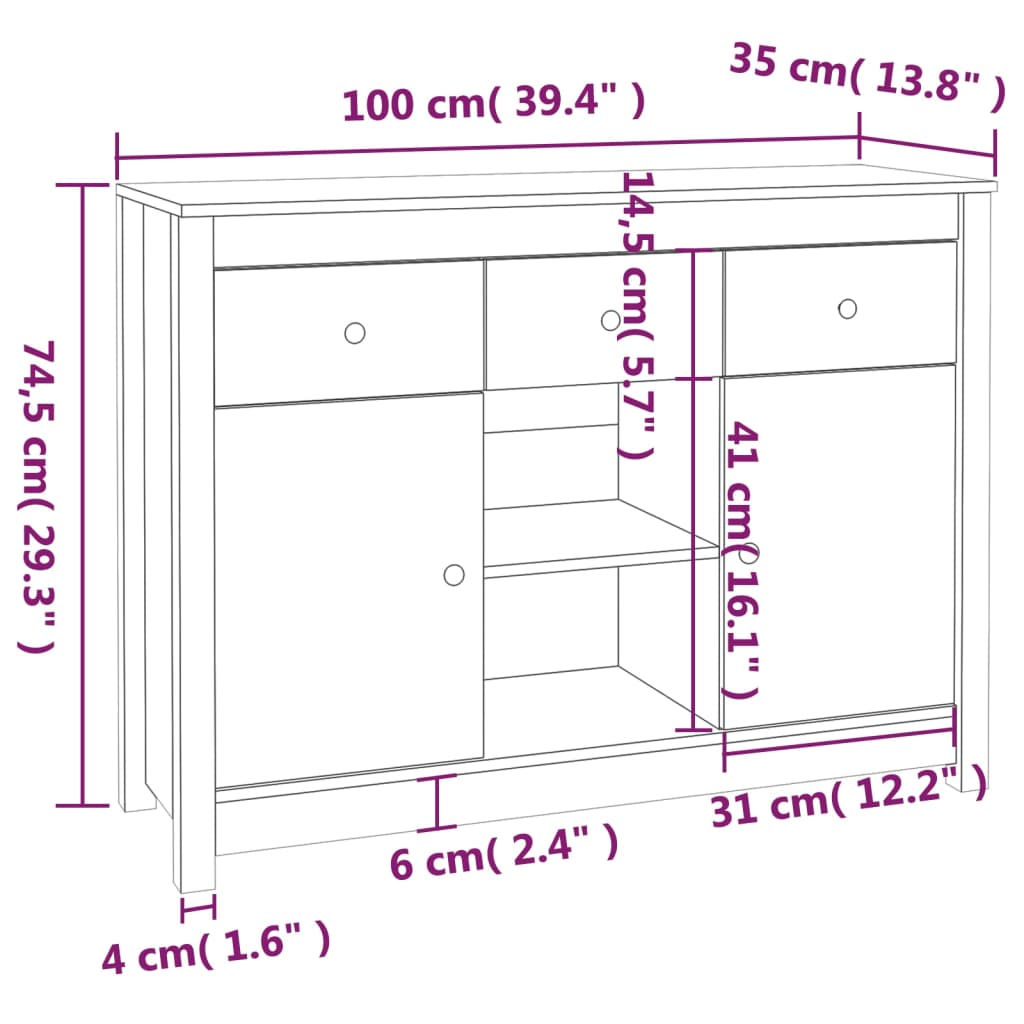 vidaXL Příborník černý 100 x 35 x 74,5 cm masivní borové dřevo