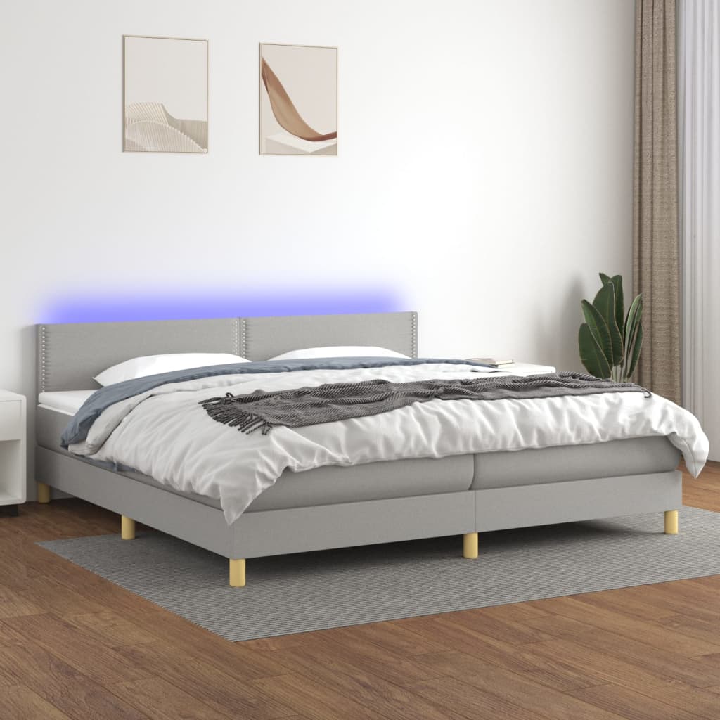 vidaXL Box spring postel s matrací a LED světle šedá 200x200 cm textil