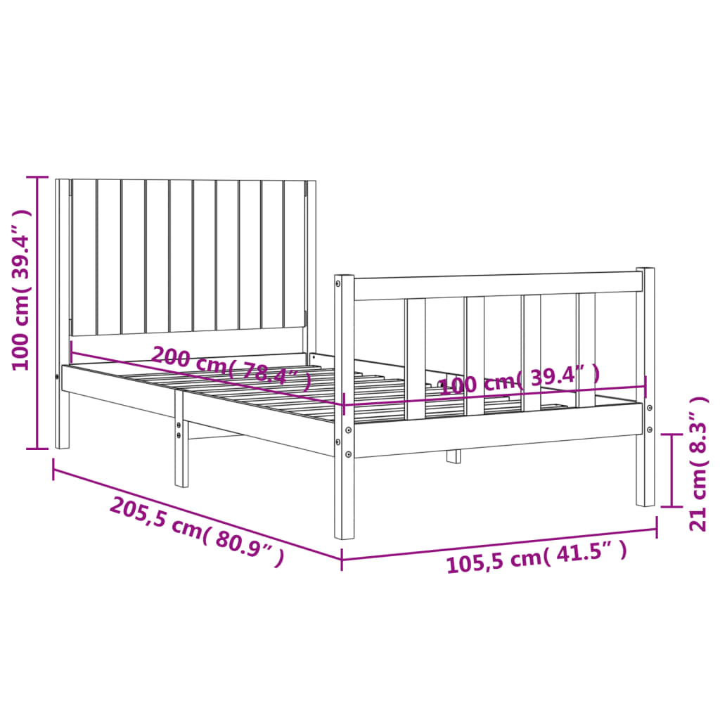 vidaXL Rám postele s čelem bílý 100 x 200 cm masivní dřevo