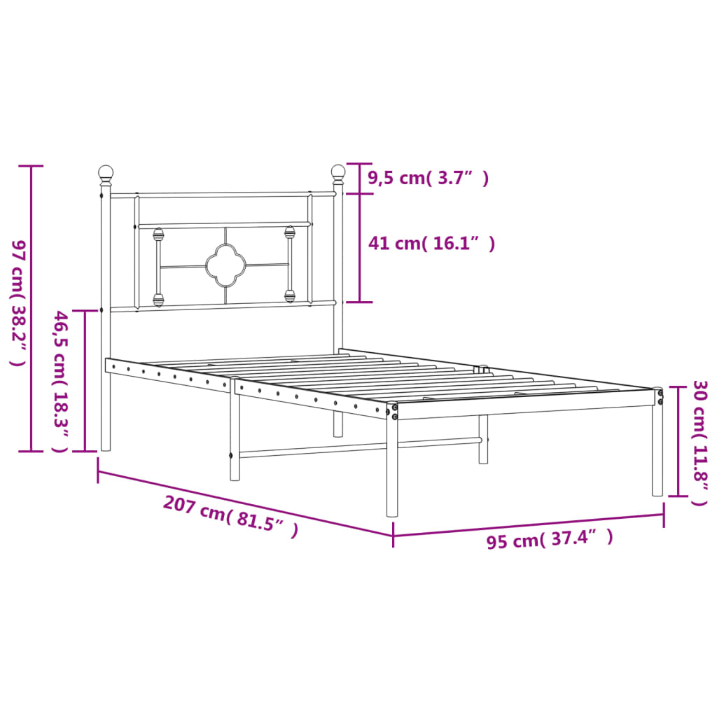 vidaXL Kovový rám postele s čelem černý 90 x 200 cm